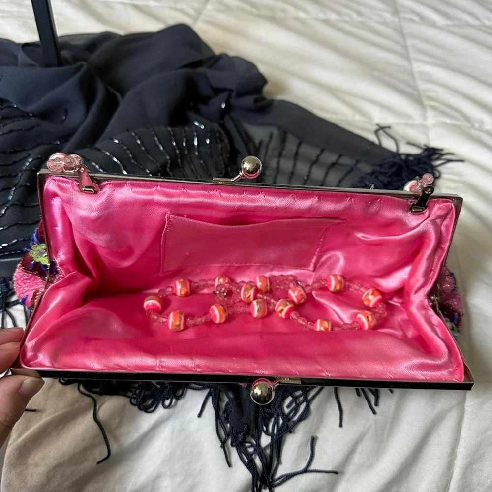 Pink floral beaded sequin clutch embroidered flowers y2k vintage fairy